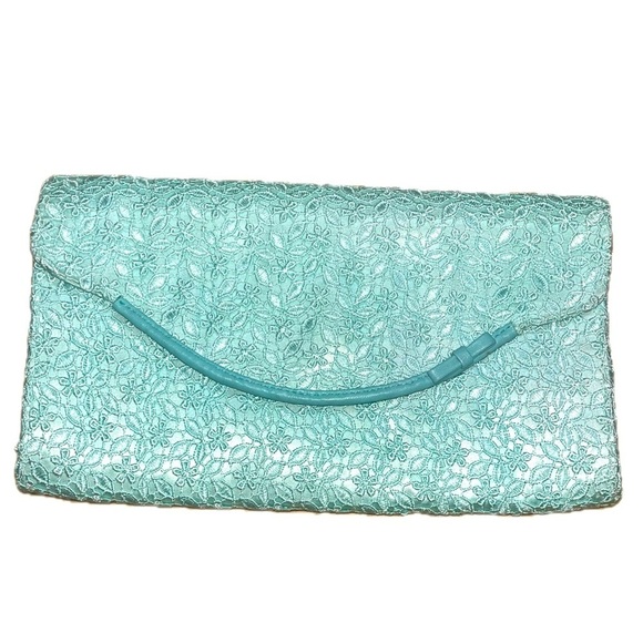Banana Republic Light Blue Leather Envelope Trim Lace Clutch - Picture 1 of 11